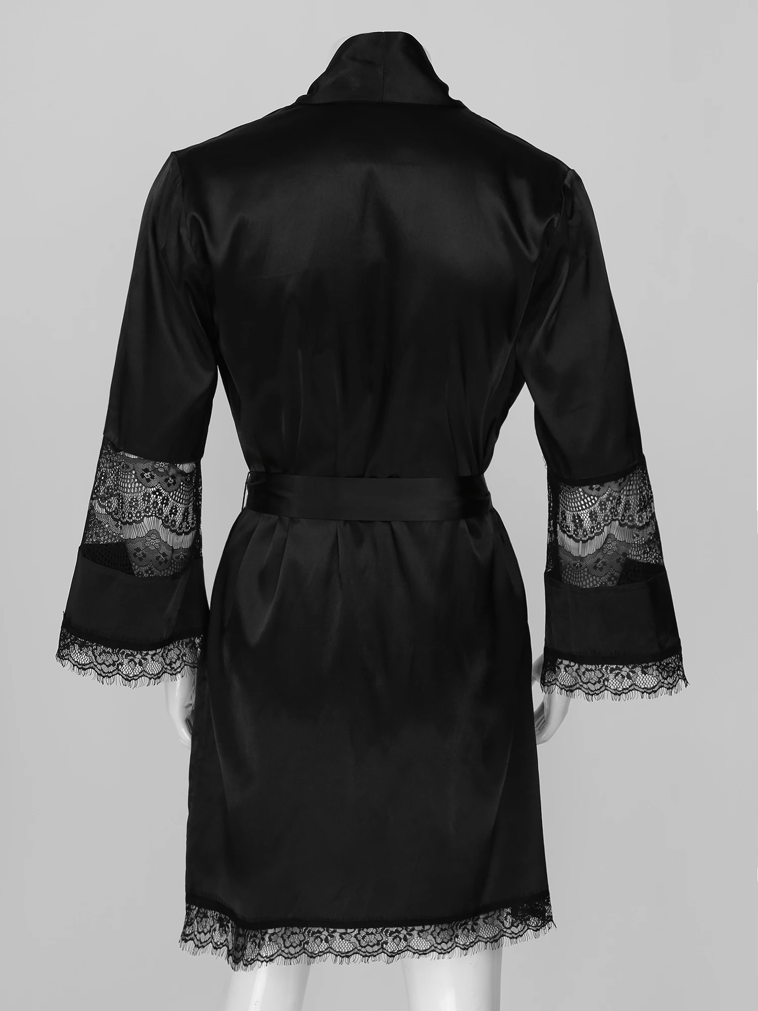 Mens Satin Night-robe Sissy Kimono Bathrob See-Through Floral Lace Patchwork Nightwear  Sleepwear Homewear Loungewear With Belt