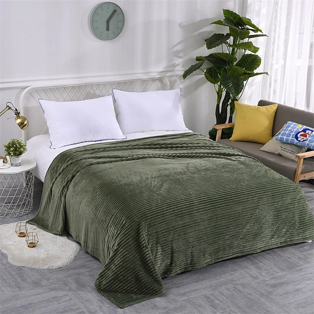 

Striped Bed Blanket Green Color Soft Flannel Blanket Single Queen King Warm Plaids for Beds Mantas De Cama Thow Blankets