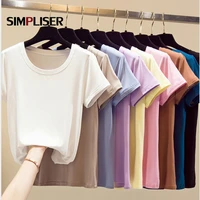 casual cotton tees women o neck short sleeve t shirts pink black white blue 2020 summer loose tops trendy clothes purple t shirt