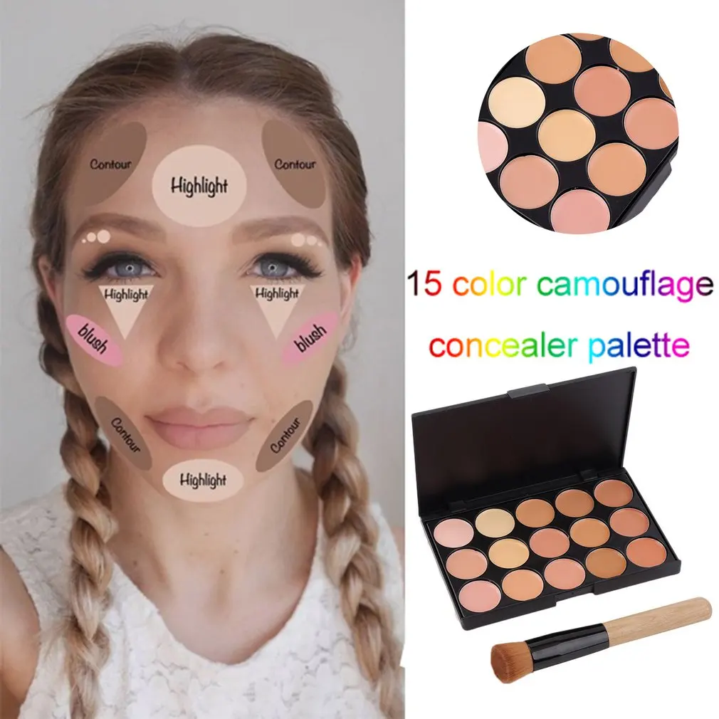Fashion15 Colors палитра для макияжа лица + плоская угловая кисть с деревянной ручкой