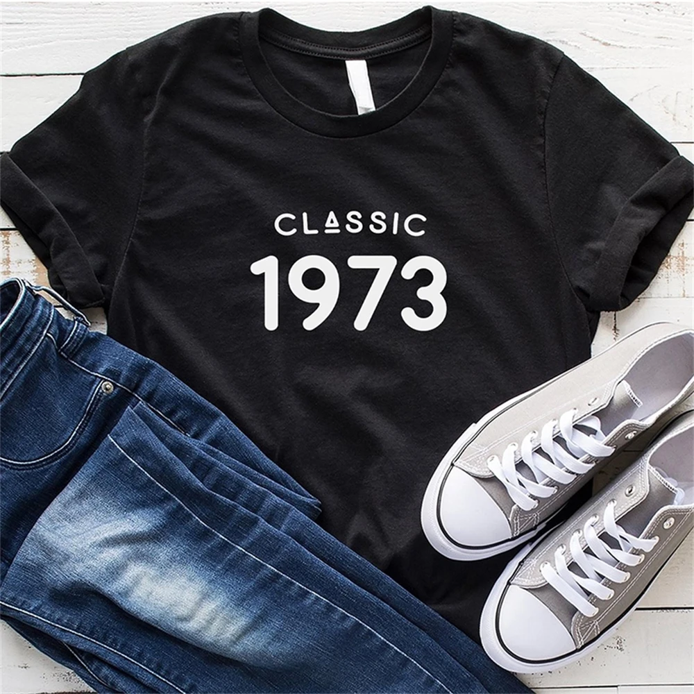 

Классическая футболка с надписью 1973, уличная одежда, рубашки с круглым вырезом, топы для вечеринки в честь Дня Рождения, модная трендовая фу...