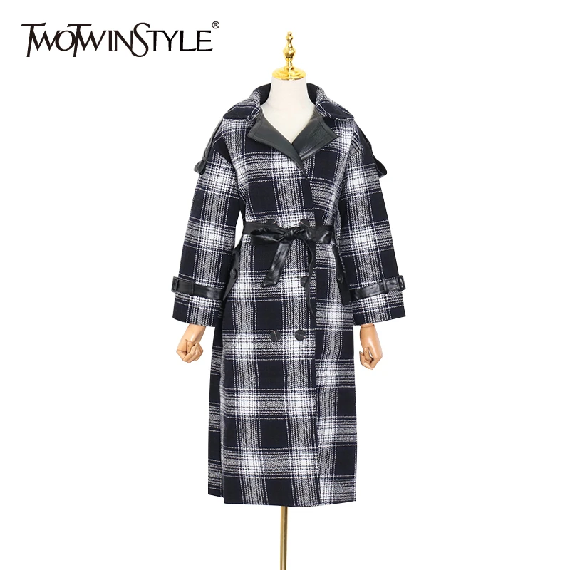 Женский клетчатый Тренч TWOTWINSTYLE ветровка с отложным воротником и высокой талией