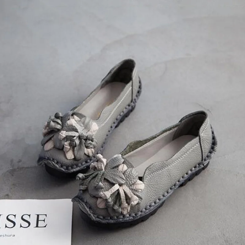 Новая осенняя обувь ручной работы с цветами Женская на мягкой подошве