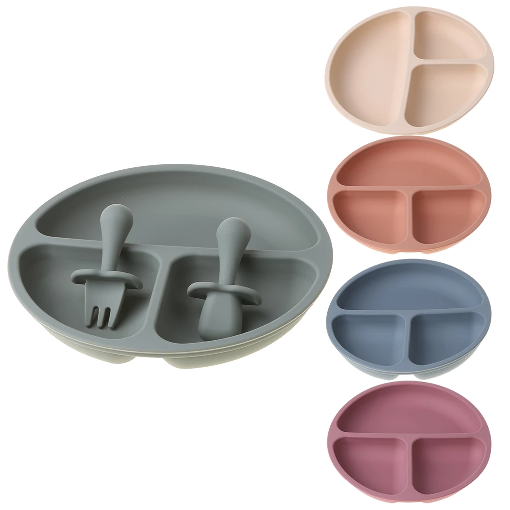 3pcs/set BPA Free Baby Silicone Tableware Solid Color Dinner Plate Training Fork And Spoon For Children | Мать и ребенок