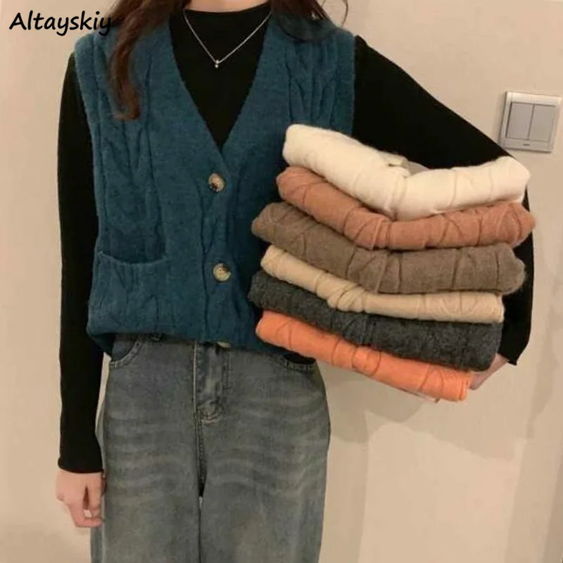 

V-neck Sweater Vests Women Chic Solid Fashion All-match Pockets Retro Gentle Females Outwear Basic Ulzzang Leisure Spring Autumn