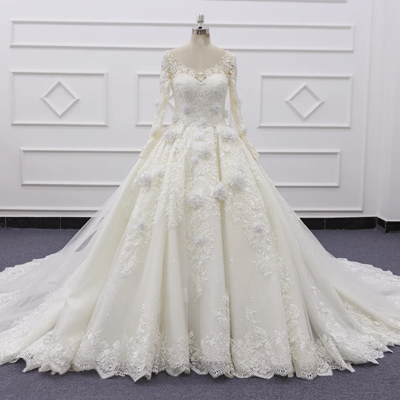 

SJ246 ivory custom made Plaid lace 3D flower lace luxury chapel train tail Vestido De Novia ball gown wedding dress