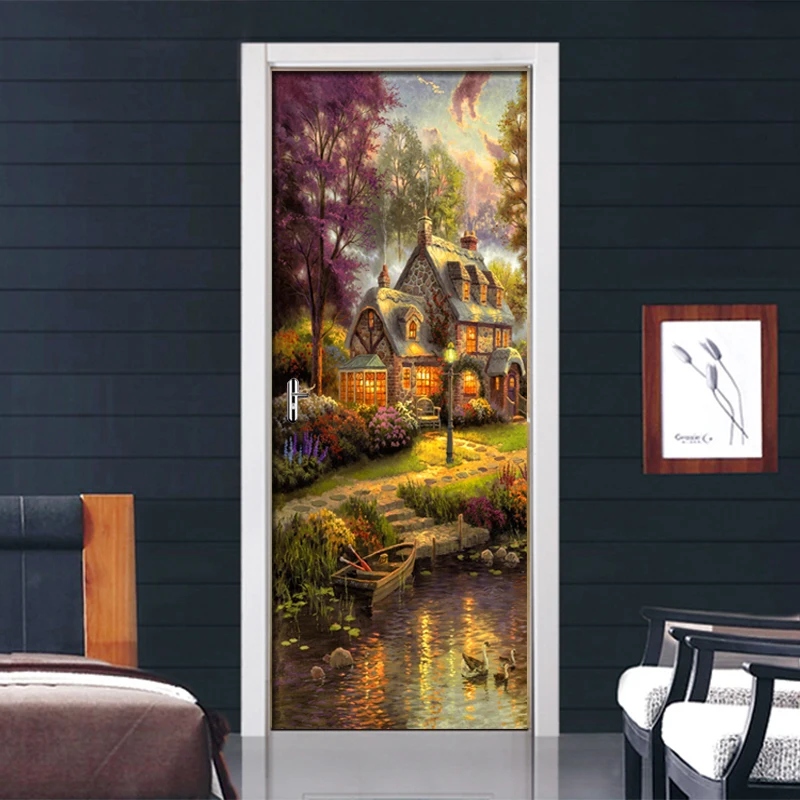 DIY стикер для дверей картина маслом дом фото обои ПВХ Самоклеящиеся наклейки на
