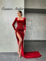 red velvet evening dresses for women long sleeve prom dress slit party gowns vestidos de fiesta