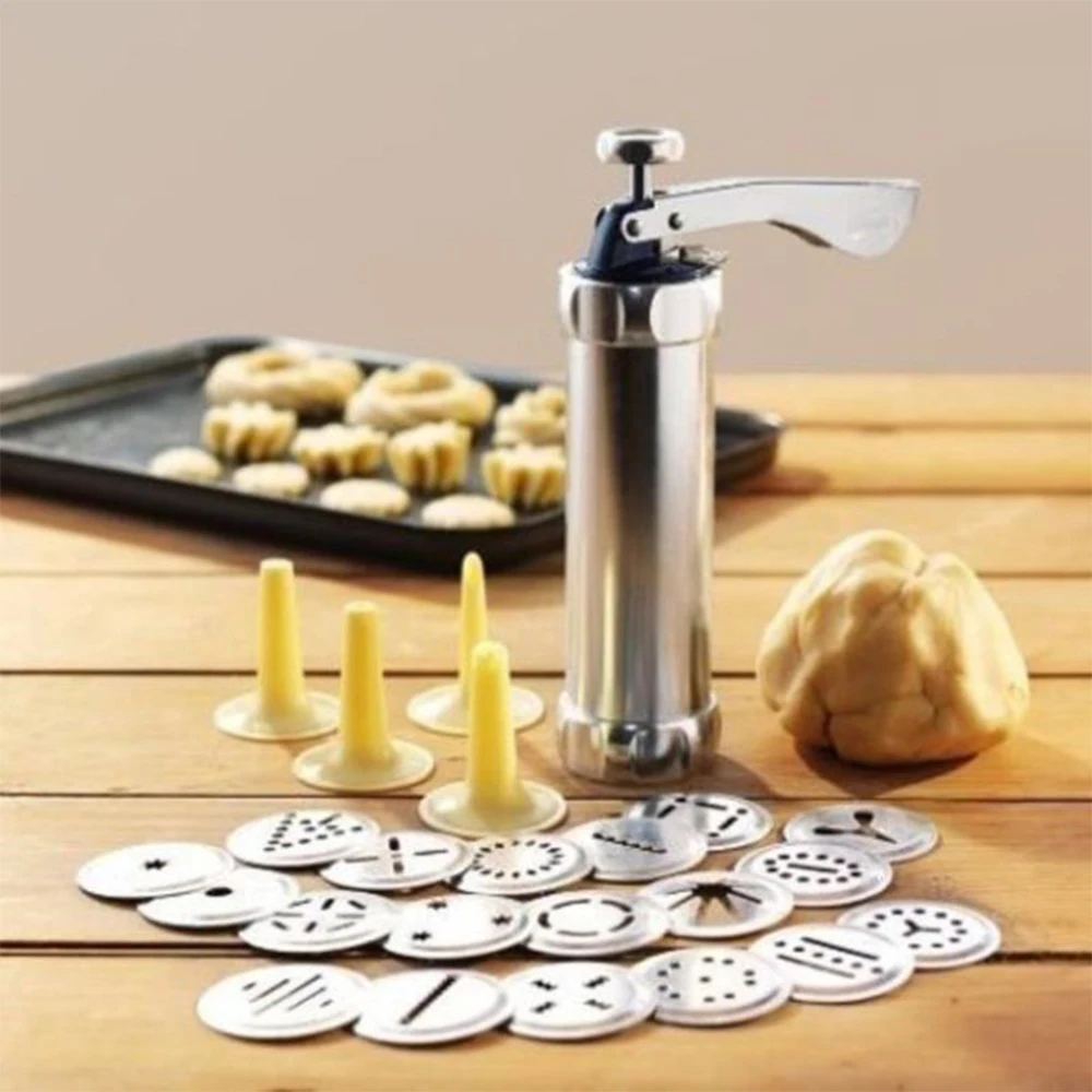 Cookie Press Kit Gun Machine Stainless Steel Biscuit Making Cake Decoration Tool 20 Molds and 4 Pastry Piping Nozzles |