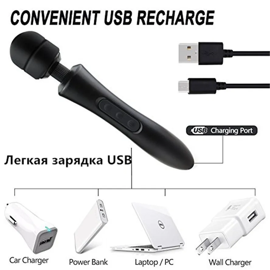 20 режимов массажа тела Мощная волшебная палочка-массажер AV Wand Vibrator USB