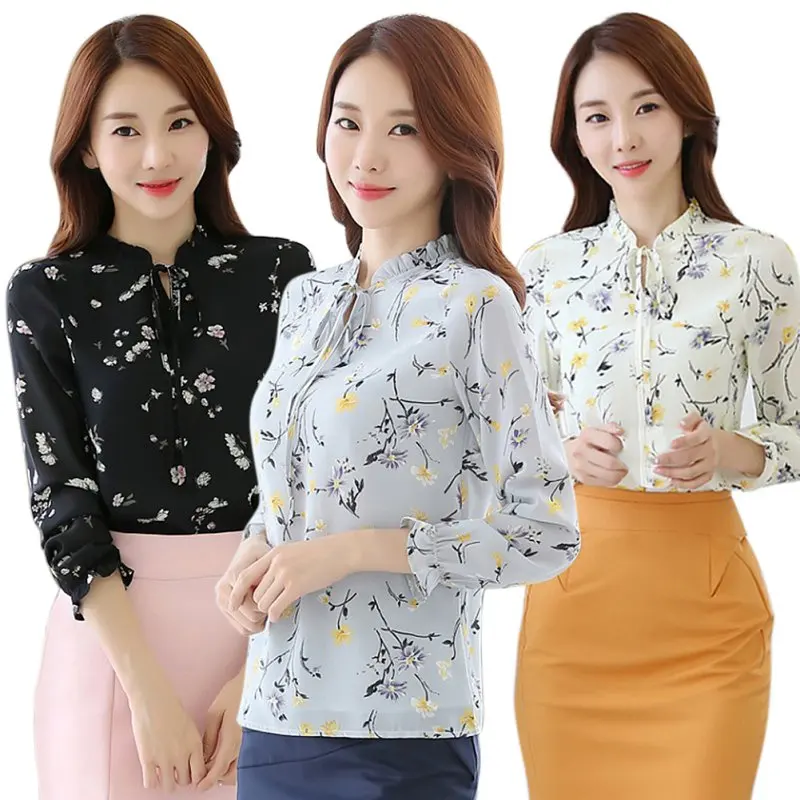 

New Floral Shirts Hot Sales Fashion Women Blouses Slim Three Qurter Lantern Sleeve Bow Tied Casual Camisa S-3XL