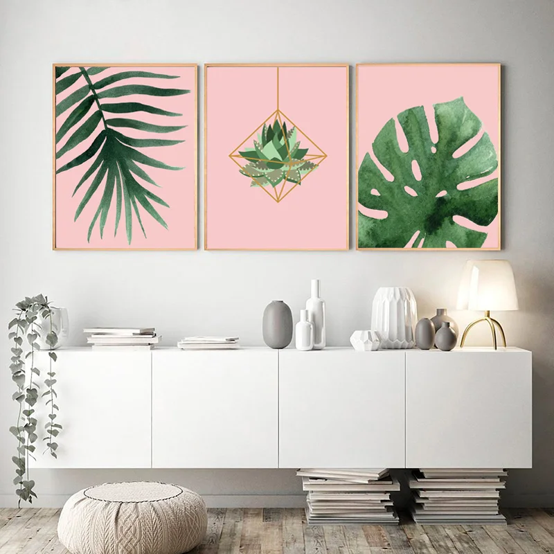 Акварель зеленое растение тропические листья розовый холст плакат настенный