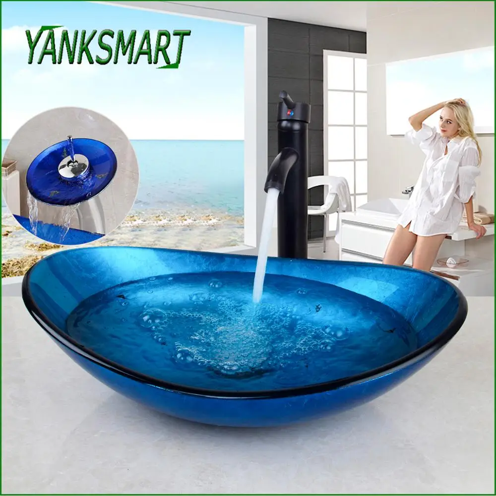 YANKSMART набор для раковины из закаленного голубого стекла водопад смеситель