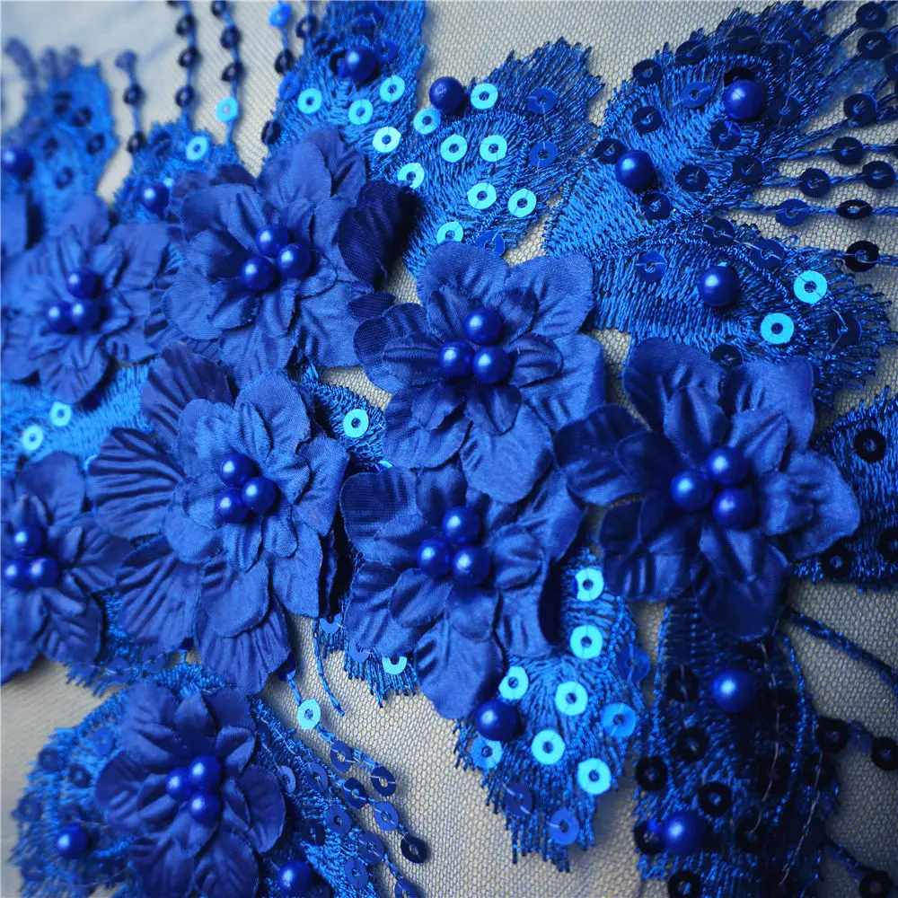 Королевский синий блестящий бахрома 3D цветок Роза бусины кружевная ткань