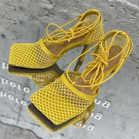 2021 new sexy yellow mesh pumps sandals female square toe high heel lace up cross tied stiletto hollow dress shoes