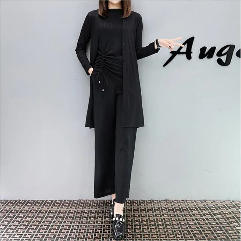 Летние трикотажные костюмы для женщин широкие брюки длинный кардиган пальто