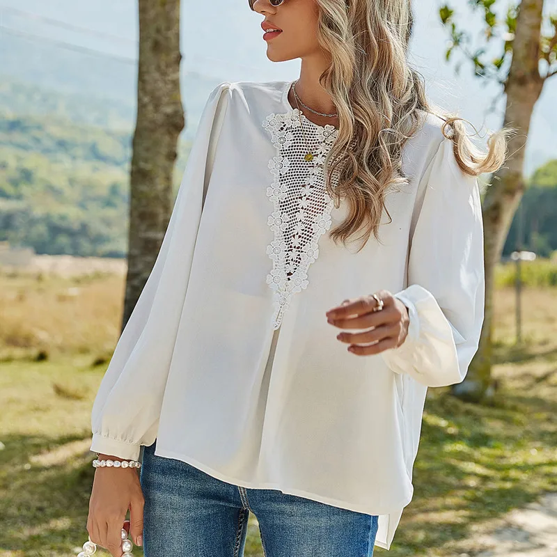 

2021 Women Sexy Lace Hollow Out Blouse O Neck Lantern Sleeve Solid Office Shirts Spring Summer Elegant Loose Casual Female Tops
