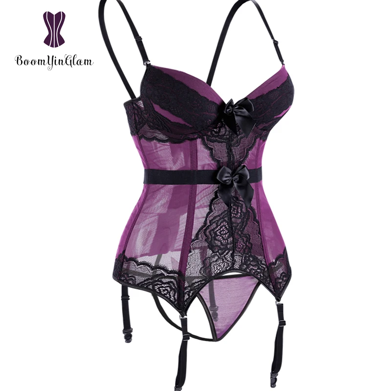 

Purple/Blue/Black Womens Sexy Bustier Vintage Removable Spaghetti Straps Bowknot Padded Cup Corsets With G String 944#