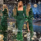 Изумрудно-зеленое роскошное бриллиантовое элегантное вечернее платье с длинным рукавом и юбкой-годе, официальное платье