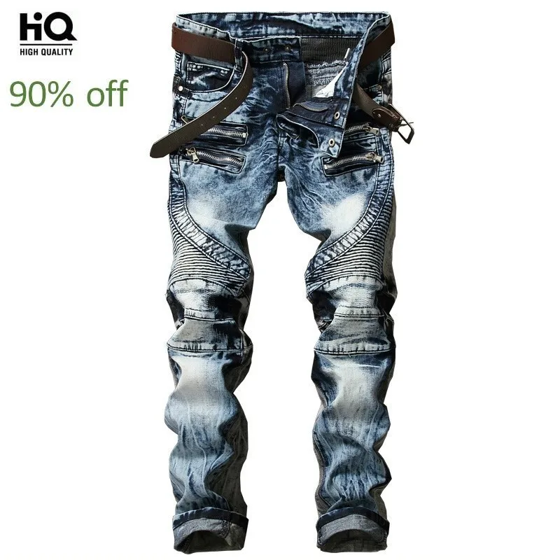 Новинка 2020 модные мужские байкерские джинсы облегающие гофрированные джинсовые