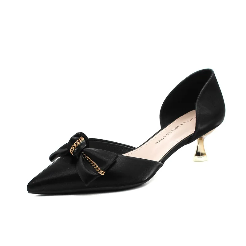 

French High Heels Women's Shoes Summer Bow 2021 Low-Cut Pointed-Toe Stilettos Nude Mid Heel