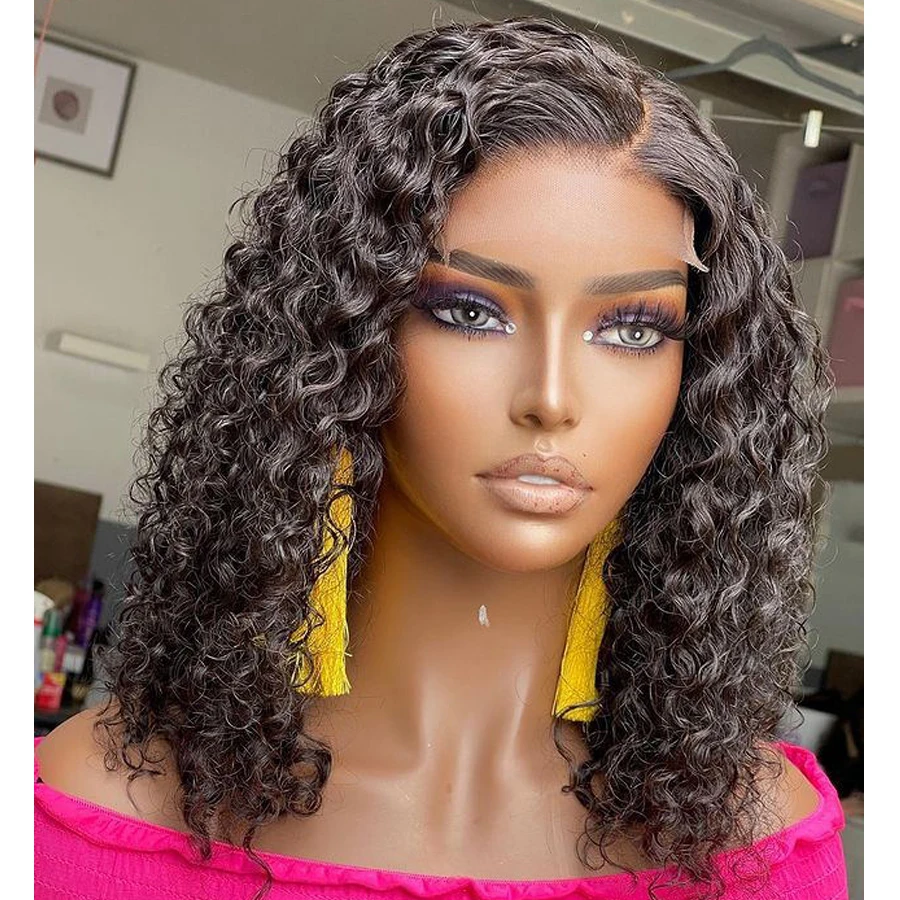 

14 Inch Heat Resistant Preplucked Black Deep Wave Cut Short Bob Glueless Lace Front Wig For Women Synthetic Babyhair Curly Daily