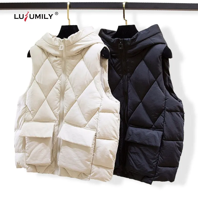 

Lusumily Autumn Winter Down Cotton Vest Women Winter Short Waistcoat Outerwear Sleeveless Jacket Hooded Cotton Vest Female