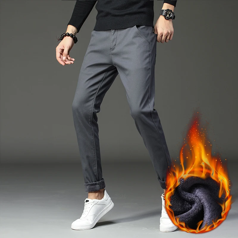 Зимние новые мужские теплые повседневные брюки бизнес мода Slim Fit стрейч плотные брюки мужские брендовые хаки ВМФ серые брюки