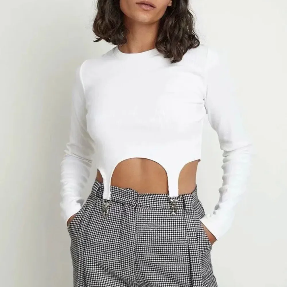 

2020 Autumn Women's Solid Slim T Shirts Harajuku Irregular Hook Design Pullovers Fashion O Neck Long Sleeve Crop Tops Streetwear