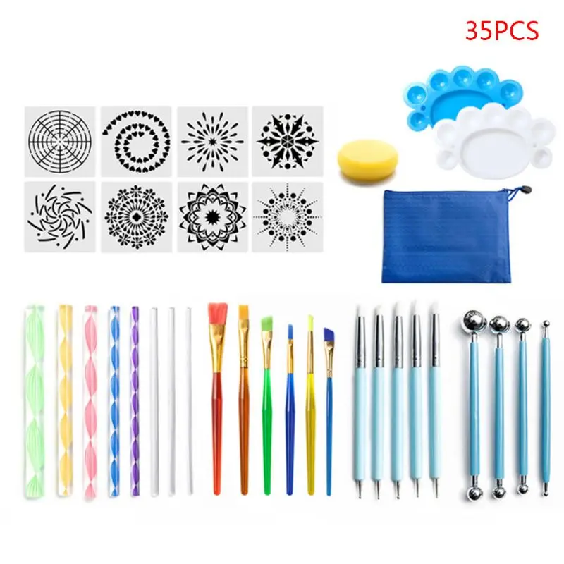 

35pcs/set Mandala Dotting Tools for Painting Rock Stone Pen Stencil Template Brush Tray Kit Home DIY Tool Set