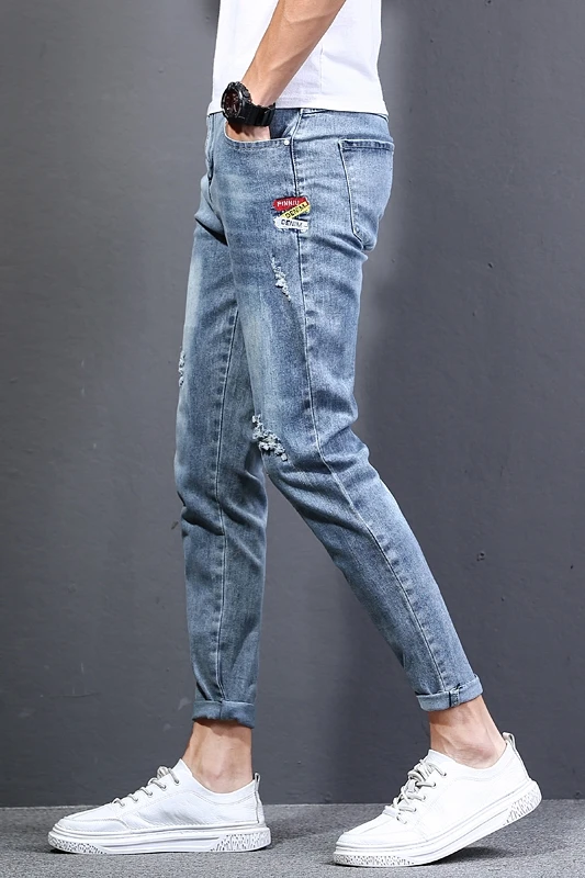 

Free Shipping Summer 2021 New Men's Small Feet Ankle-Length Jeans Stretch Slim Hole Casual Pants/ jeans for men