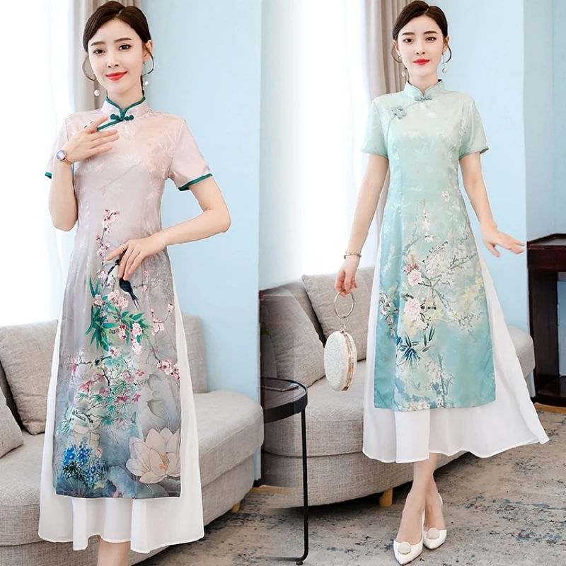 Женское платье с вышивкой Cheongsam Young зеленое розовое элегантное в китайском стиле