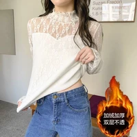 elegant ladies embroidery blouses lace shirt for women sexy big size slim warm blusas female white tops thick velvet shirts