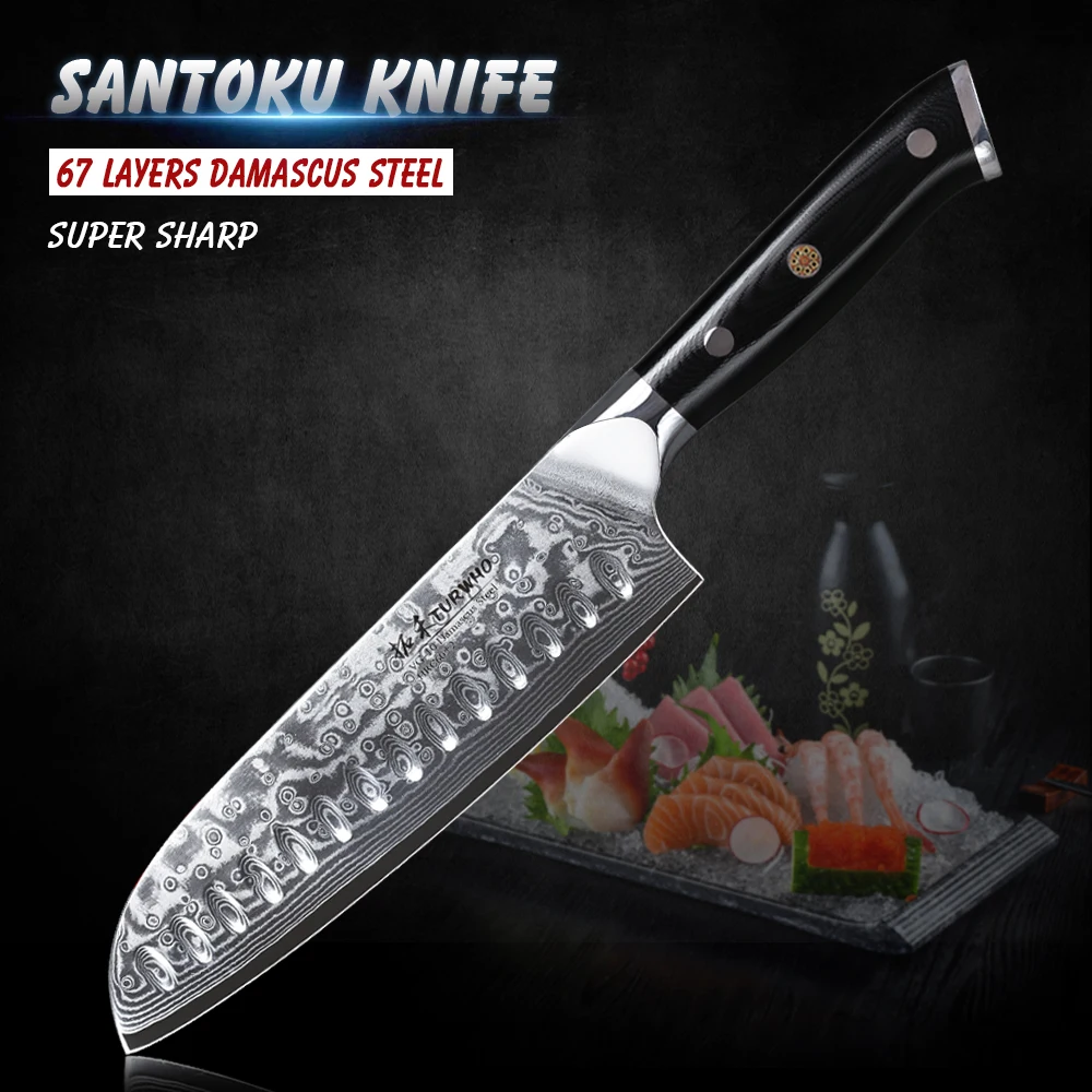 TURWHO 7 дюймовый нож Santoku 67 слоев дамасской стали японский шеф повара