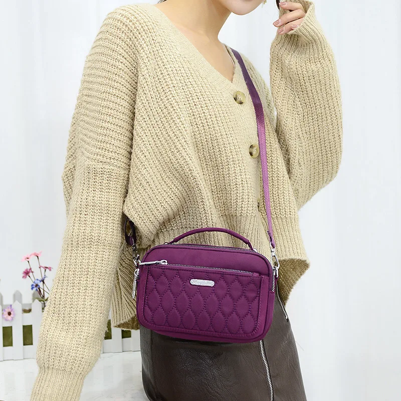 Women's Handbag Fashion Embroidery Thread Small Messenger Bag Plaid Shoulder Bag Waterproof Nylon Crossbody Bags for Women