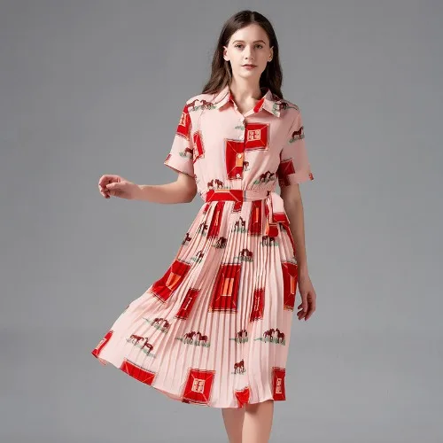 

2020 Summer High Quality Designer Fashion Runway Chiffon Pink Dress Women's Long Sleeve Lace up Bow Sashes Print Pleated Dresses