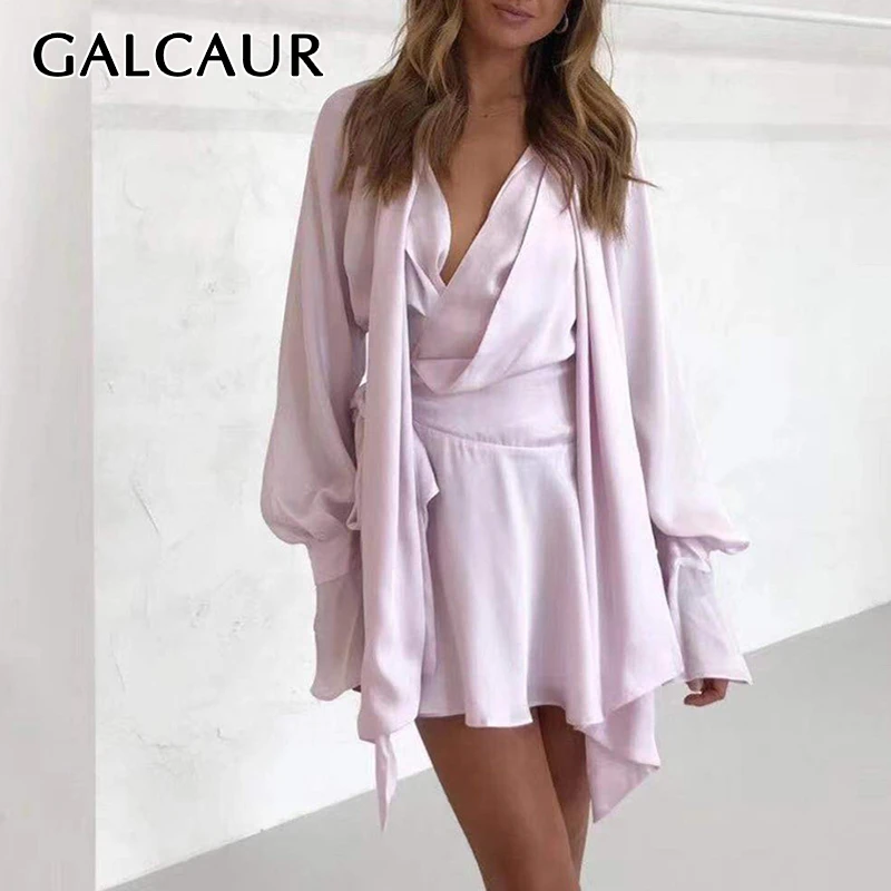 Женское платье со шнуровкой GALCAUR корейское мини с v образным вырезом рукавами