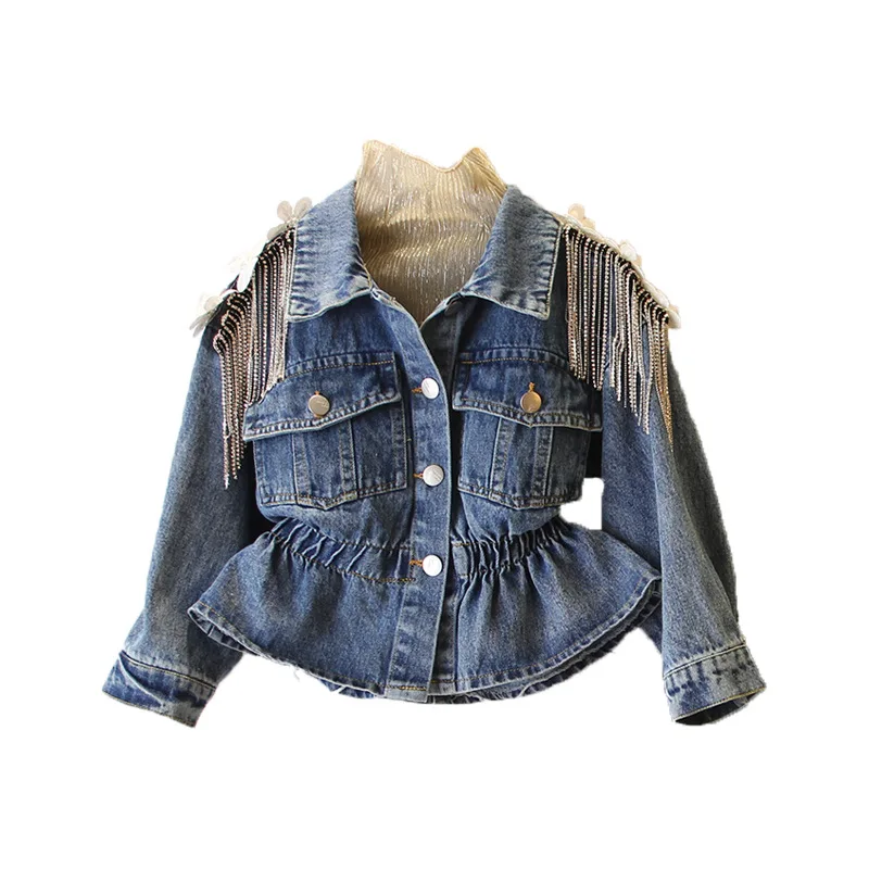 2019 autumn and winter clothing new girl heavy work rhinestone tassel decoration waist denim jacket girls coat | Детская одежда и