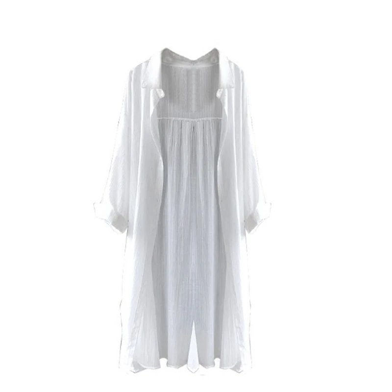 Длинная белая рубашка Женская 2021 летняя Студенческая Солнцезащитная полосатая