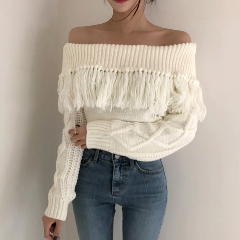 Woherb Sexy Off Shoulder Tassel Sweater Women Loose Long Sleeve Twist Knitted Pullovers 2021 Vintage Korean Crop Sweaters Jumper | Женская