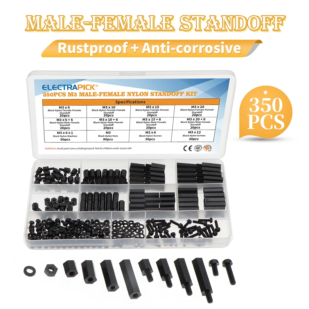

350pcs M3 Black Nylon Two Way Hex Column Standoff Spacers For PCB Motherboard Fixed Plastic Spacing Screw Nut Set Assortment Kit