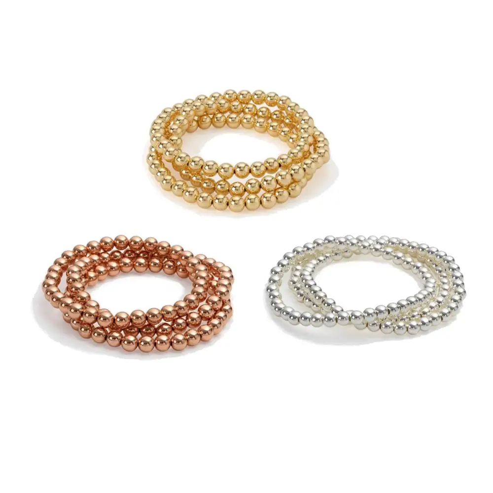 Shiny Luxurious Copper Beads Bundle Stack Stretch Bracelet Women Femme 3PCS 5mm High Quality Brass Jewelry Gift Wholesale | Украшения и