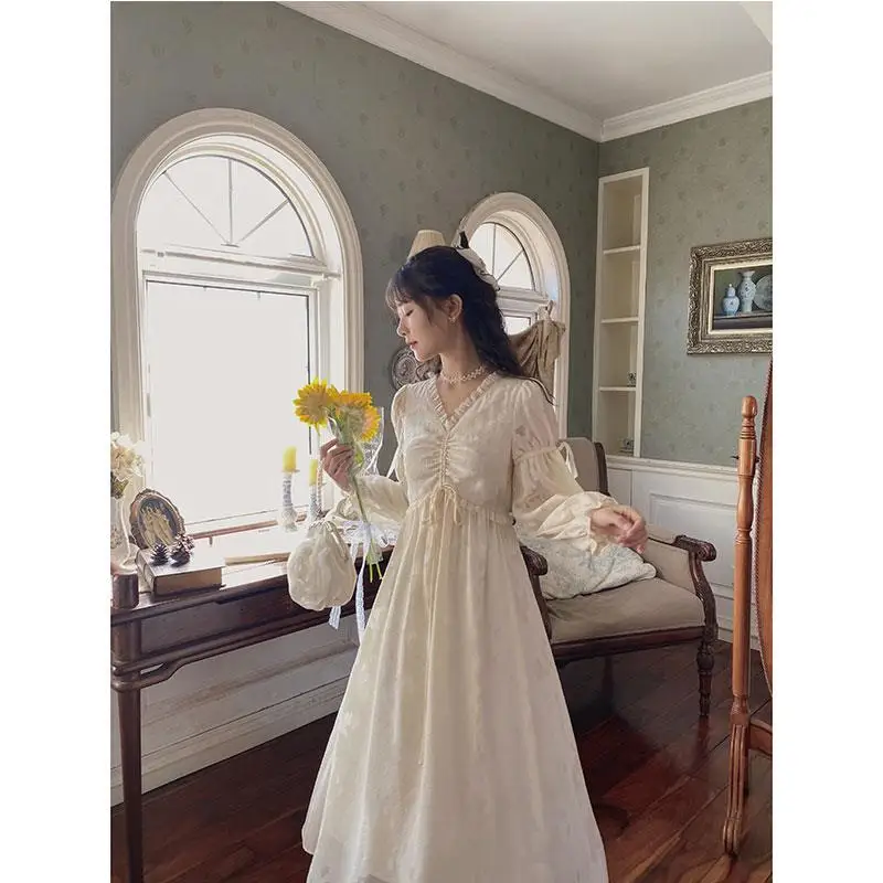 

2021 Summer Chiffon Elegant Dress Women Long Sleeve Solid Vintage Dress Evening Party for Females One Piece Dress Korean V-Neck