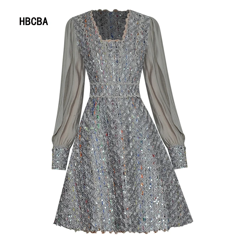 

HBCBA Fashion Designer Autumn Short Dress Women's Square Collar Lantern Sleeve Sequined lady Gorgeous Party Dress