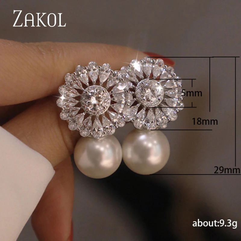 

ZAKOL Elegant Bridal Wedding Earrings Luxury AAA Cubic Zircon Imitation Pearl Romantic Female Party Fashion Stud Earrings Women