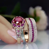 charm female rose red zircon ring set fashion ladies 14k champagne gold color ring simple promise engagement rings for women