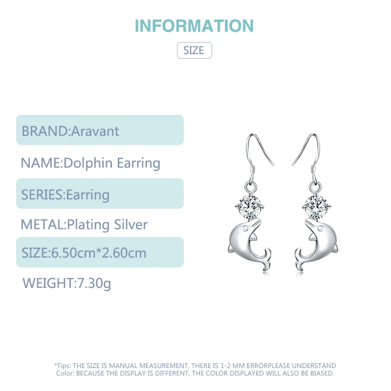 

Silver 925 Jewelry Cute Dolphin Round Clear CZ Drop Earrings For Women Gifts