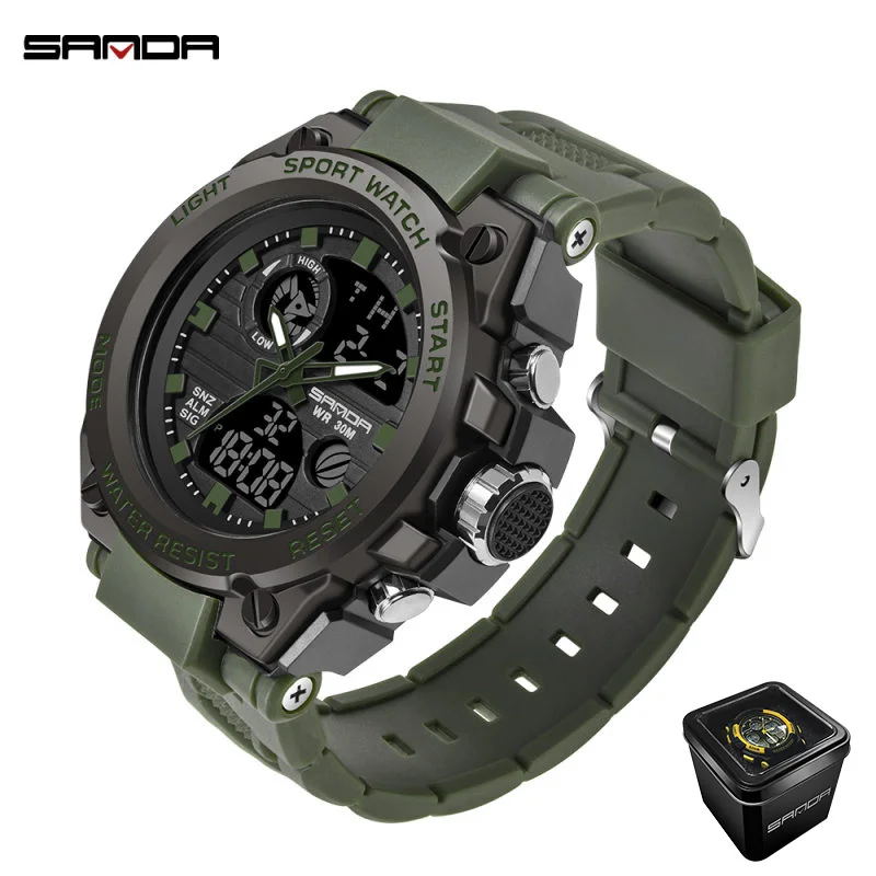 black green(box) Sanda золотые мужские модные многофункциональные электронные уличные спортивные часы с двойным дисплеем водонепроницаемые светящиеся цифровые часы - Цвет: black green(box)