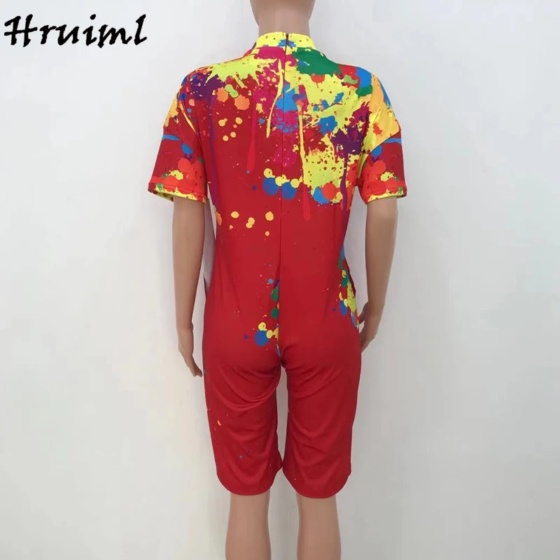 

Plus Size Rompers Playsuits Short Sleeve V Neck Tie Dye Print Pockets Overalls Casual Knitted Summer Streetwear Jumpsuits Ladies
