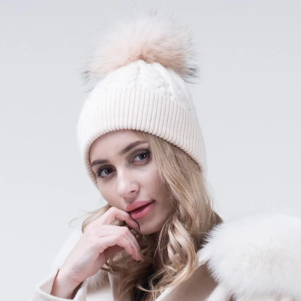 

Janefur Women Winter Beanies Hat Knitted Real Fur Pompom Hat Fashion Thick Skullcap Designer Bonnet